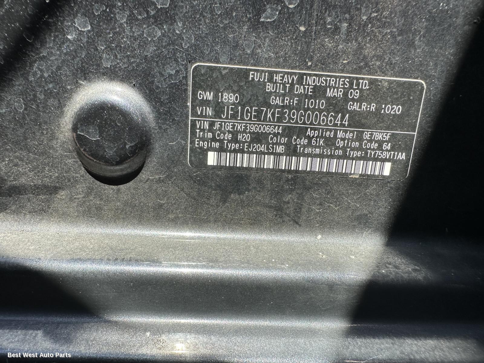 2009 SUBARU IMPREZA RIGHT_REAR_DOOR_SLIDING
