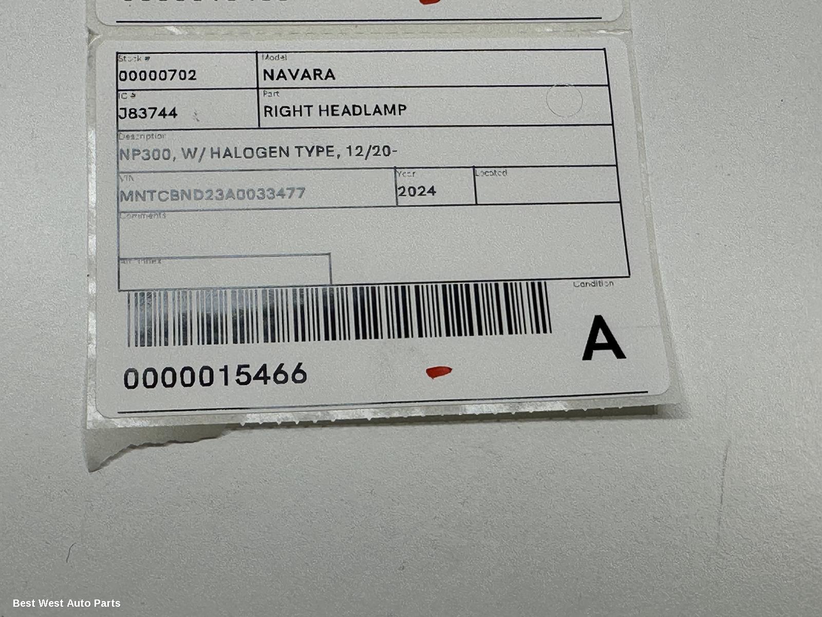 2024 NISSAN NAVARA Right Headlamp