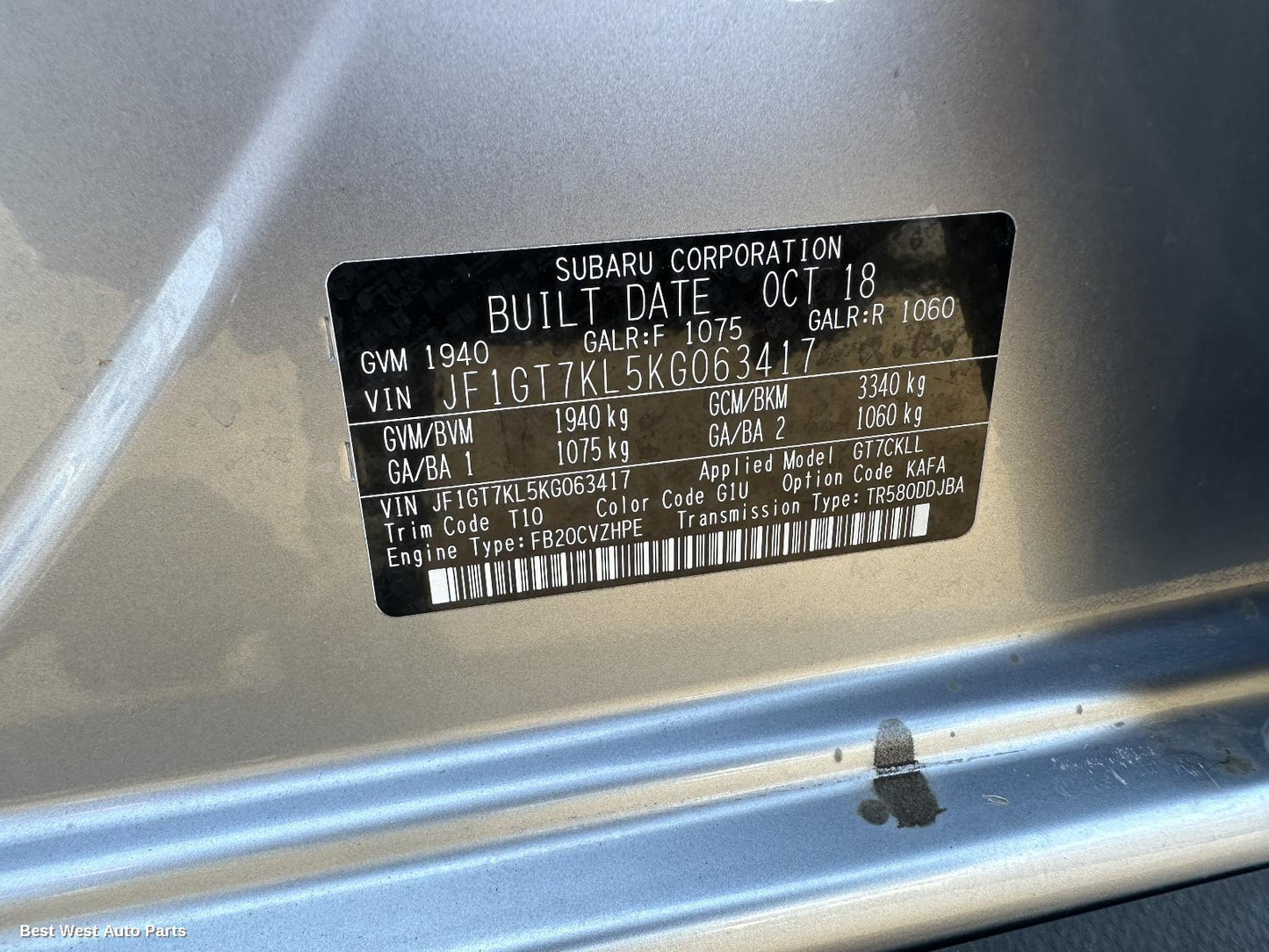 2018 SUBARU XV Wiper Switch