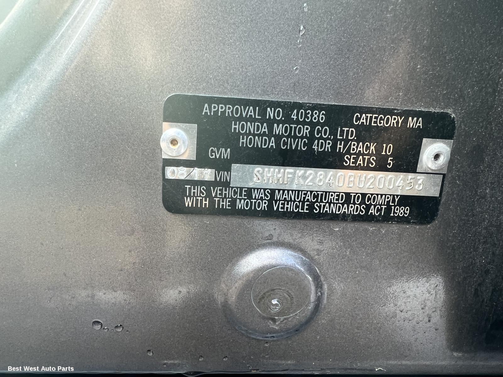 2011 HONDA CIVIC Left Rear Door/Sliding
