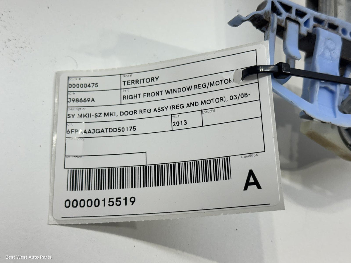 2013 FORD TERRITORY Right Front Window Reg/Motor