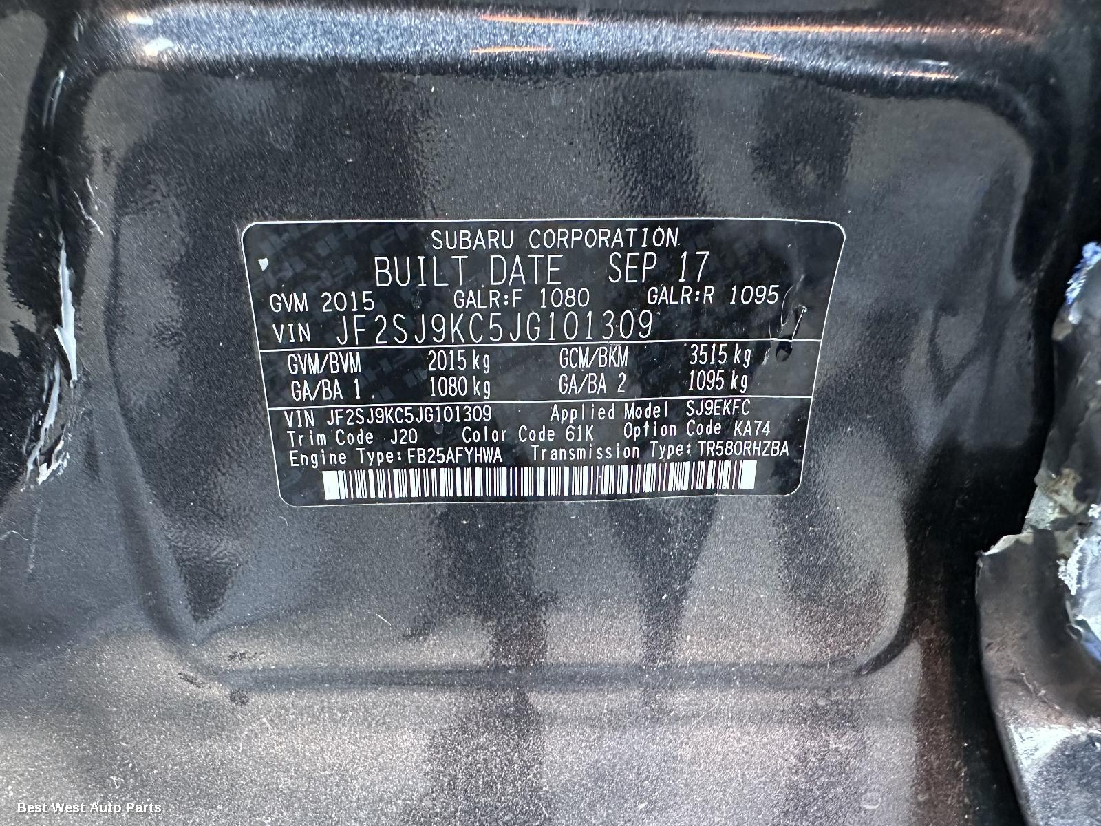 2017 SUBARU FORESTER Sunvisor