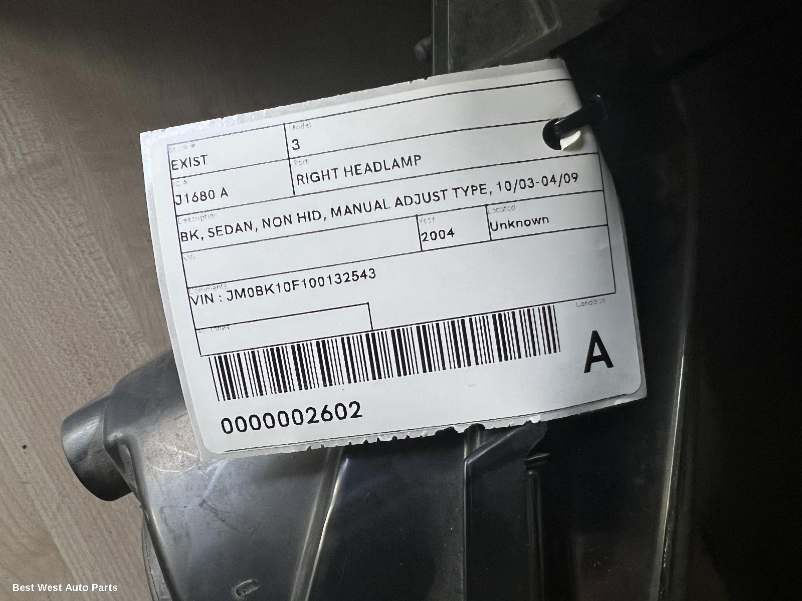 2004 MAZDA 3 Right Headlamp