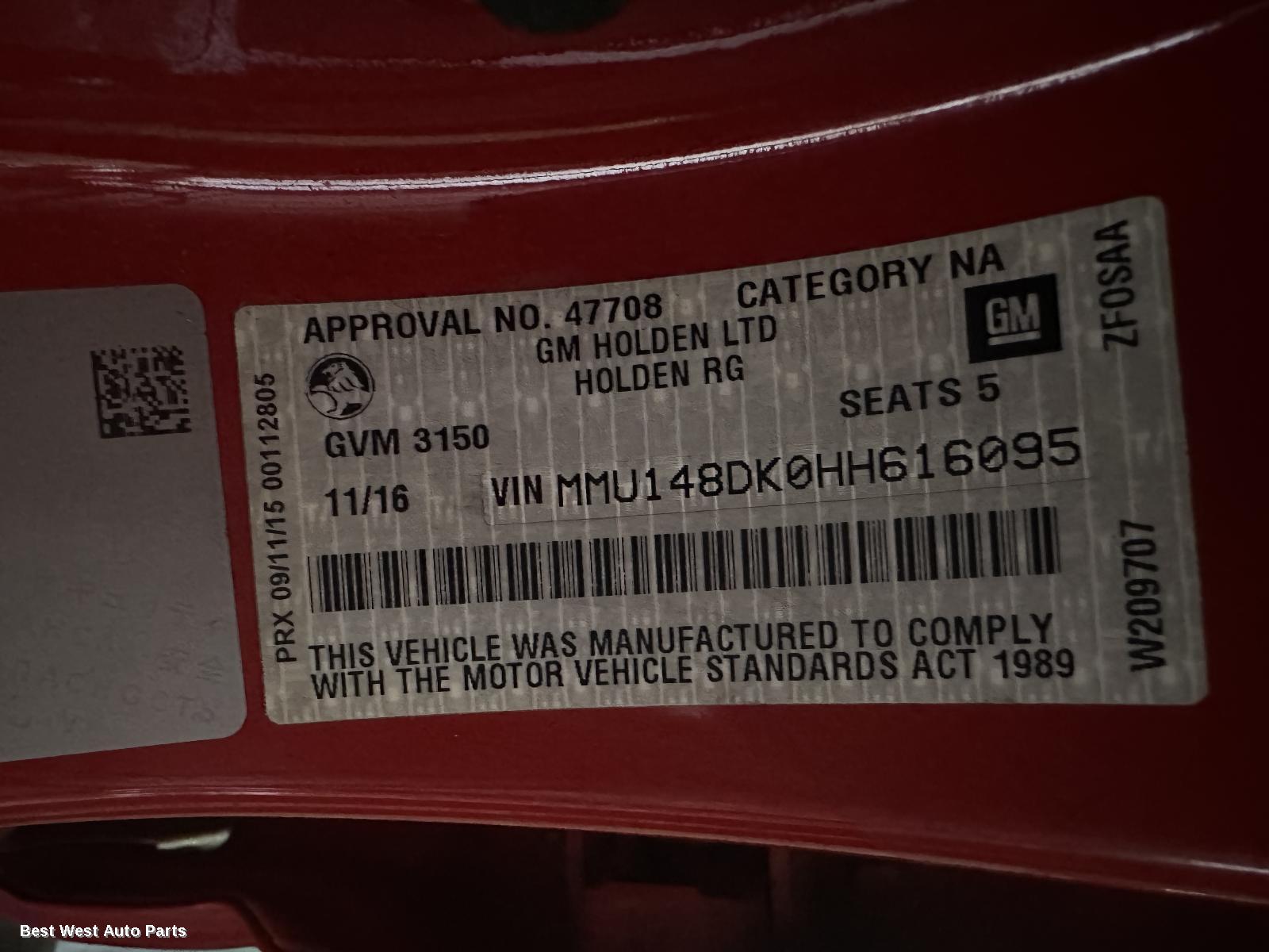 2017 HOLDEN COLORADO Door/Boot/Gate Lock