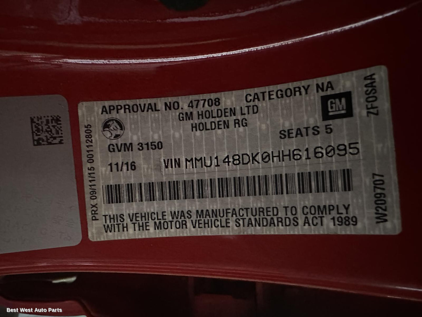 2017 HOLDEN COLORADO Door/Boot/Gate Lock