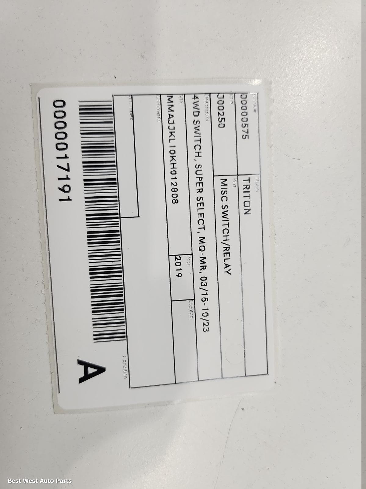2019 MITSUBISHI TRITON Misc Switch/Relay