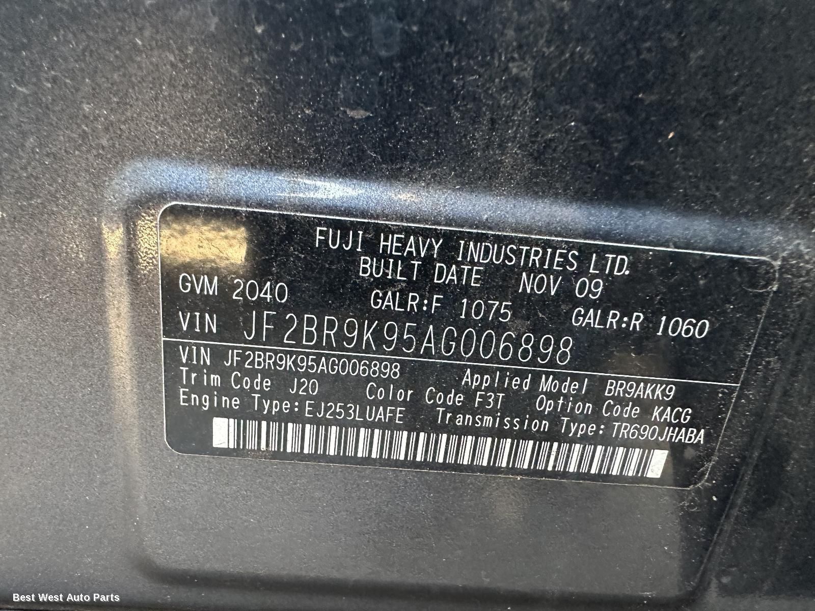 2009 SUBARU FORESTER Sunvisor