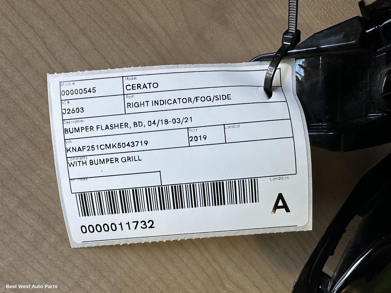 2019 KIA CERATO Right Indicator/Fog/Side