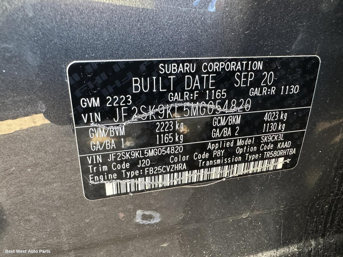 2020 SUBARU FORESTER Sunvisor