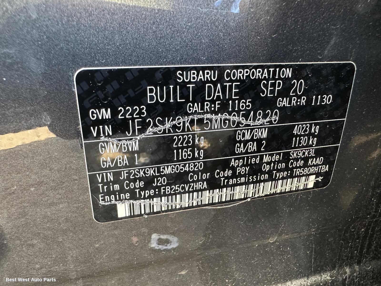 2020 SUBARU FORESTER Sunvisor