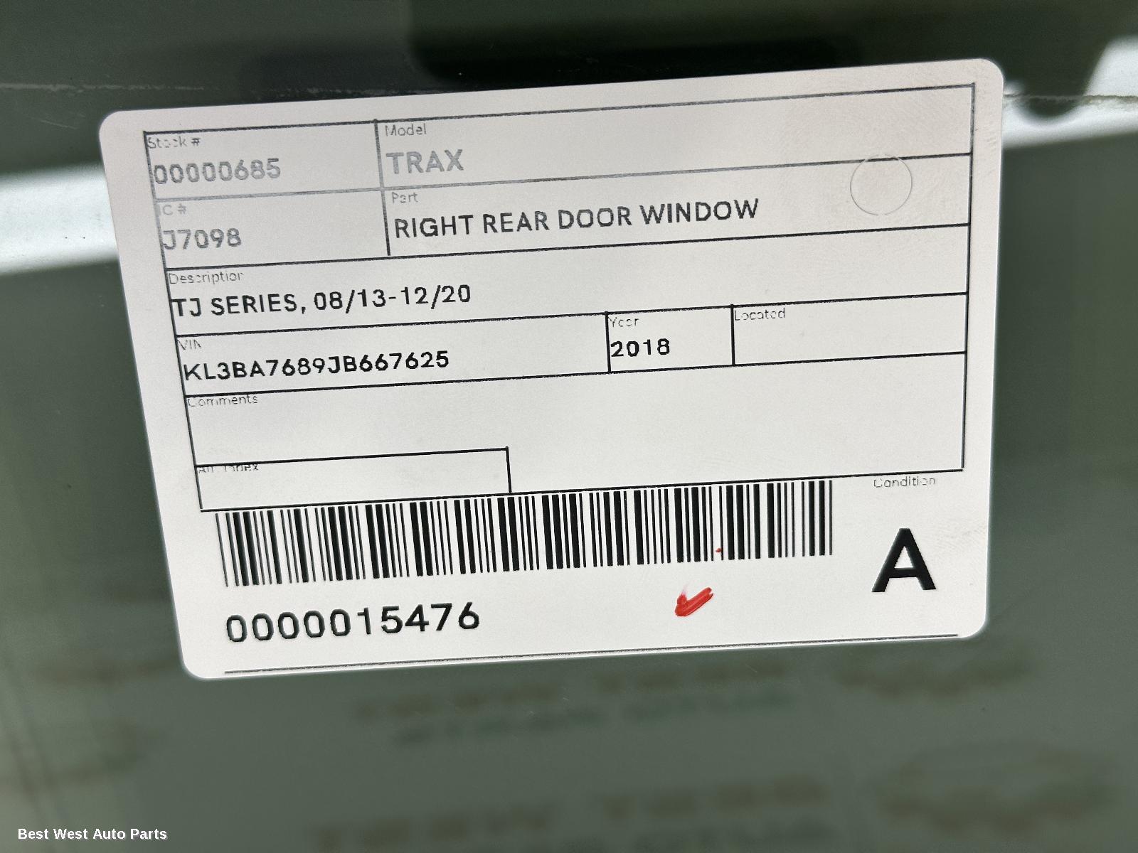 2018 HOLDEN TRAX Right Rear Door Window